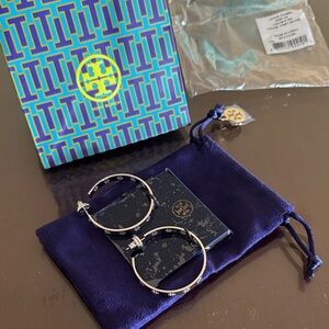 Tory Burch Silver and Black T-Hoop Earrings NWT